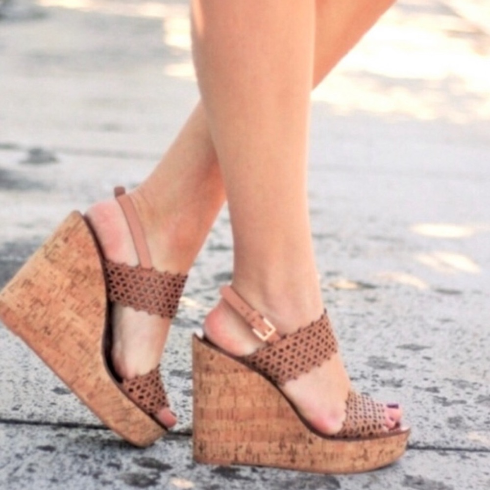 Tory Burch Tan Floral Laser Cut Cork Wedges